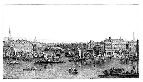 The Fleet River and River Thames London in the 18th century; Black and White Illustration;